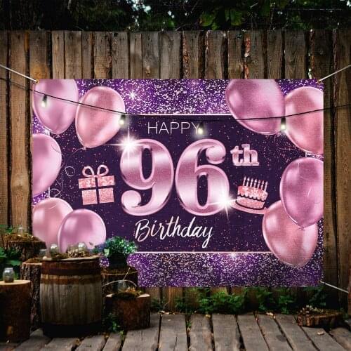 Happy 96th Birthday Banner Backdrop - 96 Birthday Party Decorations Supplies for Women - Pink Purple Gold