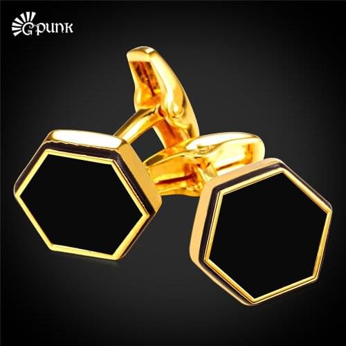 Unique Hexagon Business shirt Cufflinks Weddings Groom With Gift Box Gift Enamel yellow Gold color cuff link C2114G