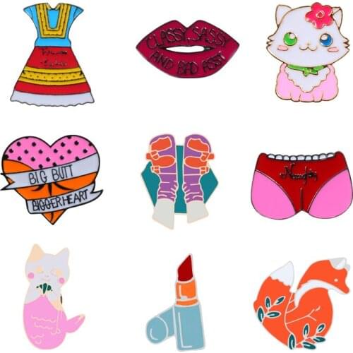 High Quality Brooches Cute Cat Fox Lady Skirt Lipstick Lips Cartoon Enamel Pins Jackets Backpack Lapel Pin Badges Women Jewelry
