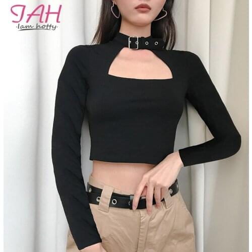 IAMHOTTY Halter Buckle Eyelet Gothic Woman Tshirt Choker Cut Out Punk High Street Tshirt Femme Harajuku Long Sleeve Crop Top New