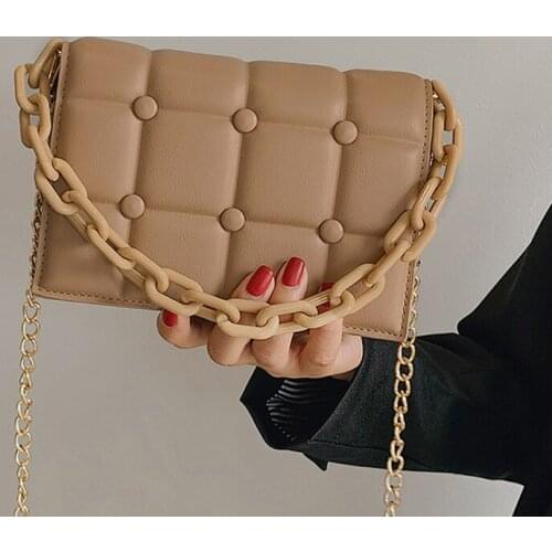 Thick Chain PU Leather Crossbody Bags For Women 2021 Solid Color Fashion Plaid Shoulder Handbags Small Travel Cross Body Bag