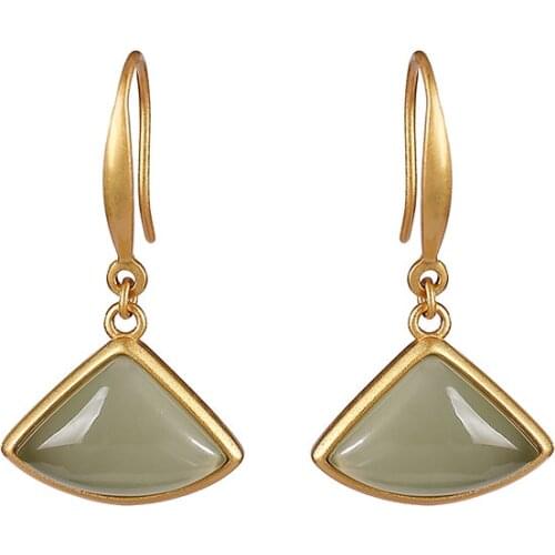 S925 sterling silver gold-plated Hetian gray jade eardrops light luxury temperament fan-shaped womens earrings ear hooks