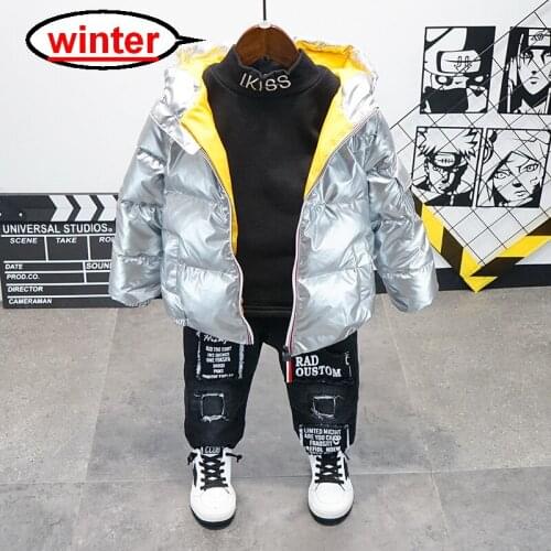 Winter Boy Clothing Set Kids Silver Down Jacket+Plus Velvet T-Shirts+Thickening Jeans 3pcs Toddler Children Sport Suits 2-6Y