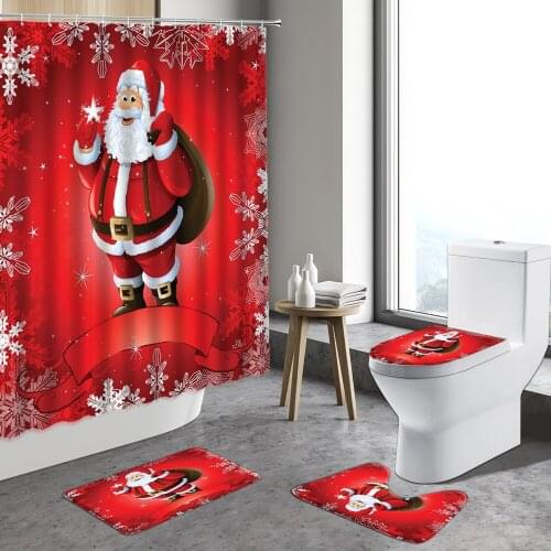 Winter Christmas Shower Curtain Cartoon Santa Claus Elk Red Home Decor Bathroom Non-slip Carpet Toilet Bath Mat Indoor Rug Set