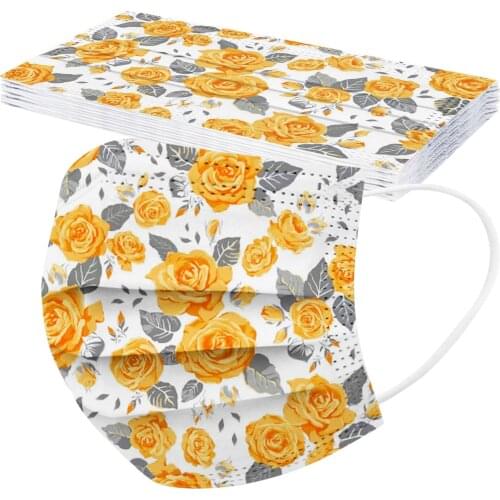 10pc Disposable Face Masks For Women Adult Floral Print Design 3ply Mouth Face Mask Covering Ear Loops Facemask Decoration