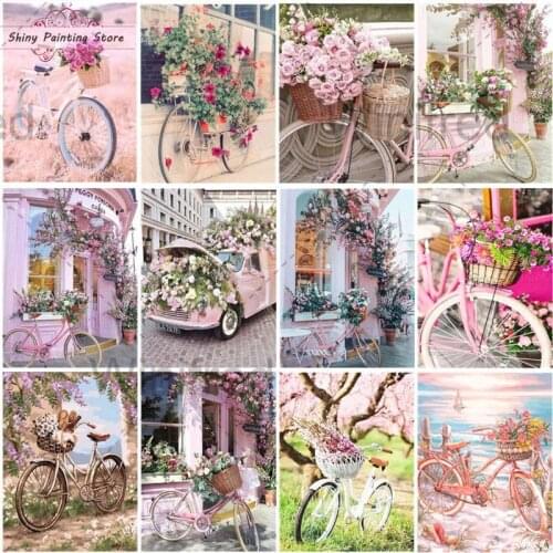 5D DIY Diamond Painting Pink Flowers Bicycle Diamond Mosaic Flower Scenery Cross Stitch Embroidery Rhinestones Picture Wall Art