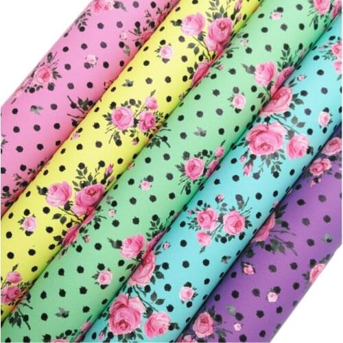Amonglitter Wholesales Leather Supplier Rose Flowers Polka Dots Printed Synthetic Leather Faux Vinyl For Bows DIY 21x29cm MB305