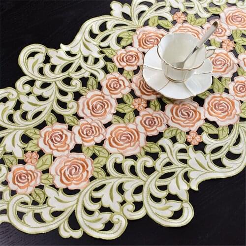 Free Shipping Polyester Hollow Embroidery Rose Jacquar Tablecloth Cup Mat Cover Runner Place Wedding Blanket Antependium