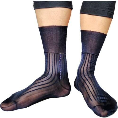 Brand Mens Striped Nylon Silk Socks For Formal Dress Suit Sexy Male Sheer Good Quality Gentlemens Thin Socks