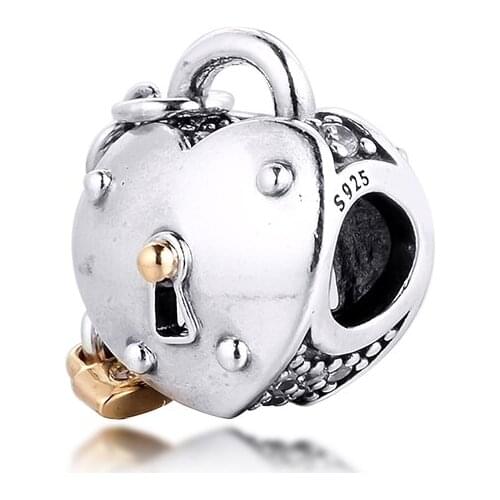 14K Real Gold Heart and Lock Charm 925 Sterling Silver Two Tone Beads for Jewelry Making Fit Charms Bracelets DIY 2020 Winter
