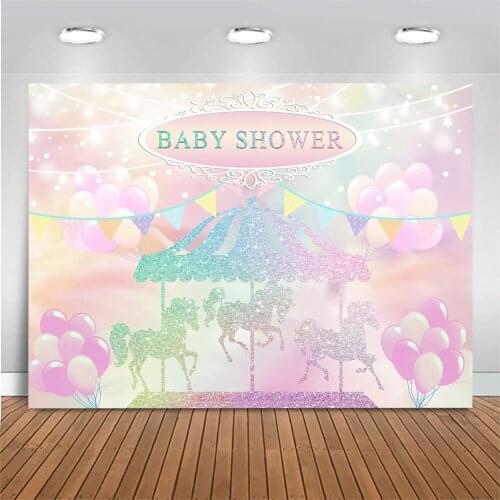 Carousel Baby Shower Backdrop Pink Balloons Silver Glitter Carousel Photo Background For Photo Studio Birthday Decor Photocall