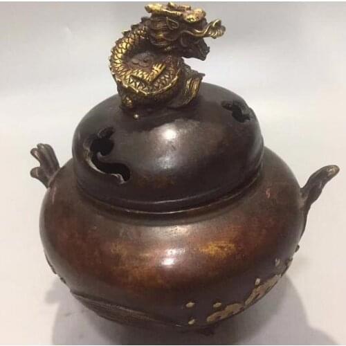Chinese Pure Copper Sculpture Dragon Phoenix Animal Statue Incense Burner Censer Wealth Fengshui Decoration Gift