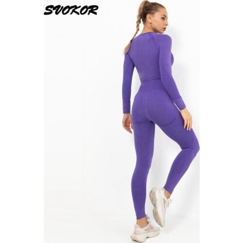 SVOKOR Crop Top Women Gym Sets Seamless Yoga Set Fitness 2Pcs Sport for Women Suit Long Sleeve Stretch Leggings Sportswear