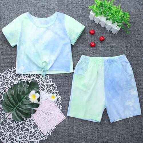 Summer Girls Boys Cotton Casual Sport Suits Play wear Fashion Tie Dye Print Short Sleeves T-shirt with Shorts Kids Clothes Sets