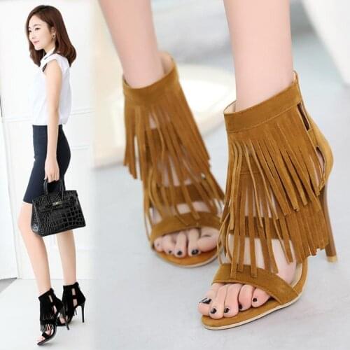 Fashion 10cm High Heeled Sandals Stilettos Summer Shoes Fringe Tassels Sandals Sexy Party Gladiator Women Pumps Woman Size 43