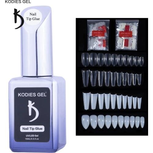 KODIES GEL 500 PCS False Nails Tips with Nail Glue Gel Set Strong Hold Press on Nails Coffin Half Cover French Clear Fake Tools