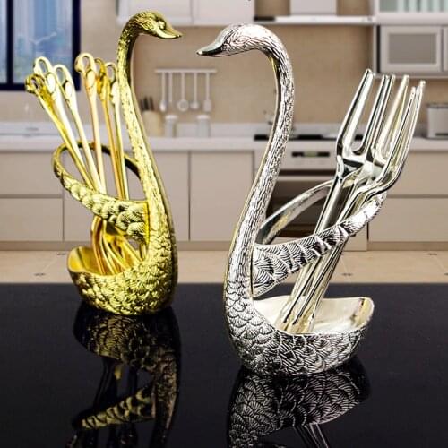 Stainless Steel Swan Base Holder with 3 Dessert Forks Coffee Spoons Set Tableware Home Decor Swan Base Holder Fruit Forks Set