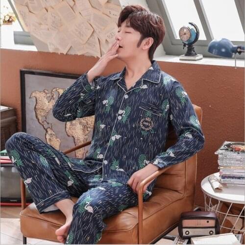 New Style Men Pajamas Long-sleeve Suit Spring and Autumn Cardigan Fold-down Collar Casual Large Size Mens Tracksuit