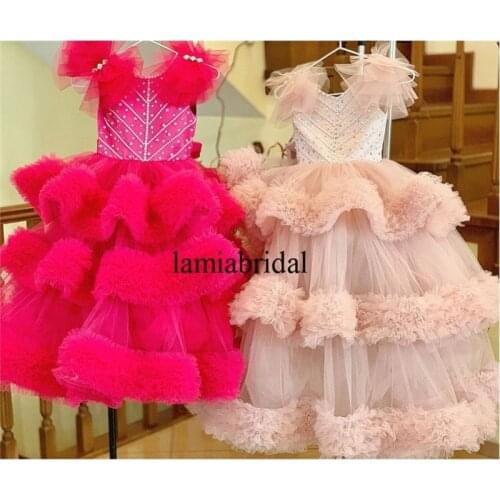 Luxury Crystals Ball Gown Flower Girls Dresses For Wedding 2021 Pink Ruffles Cheap Tulle Girls Birthday First Communion Gowns