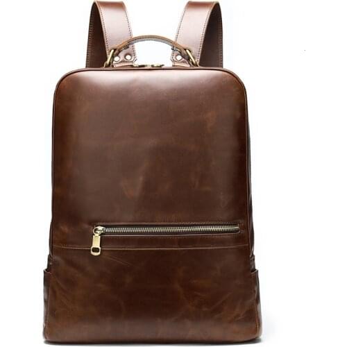 Crazy Horse Genuine Leather Men Backpack Vintage Cow Leather Women Daypack 15.6" Laptop School Bags Casual Thick Travel Rucksack