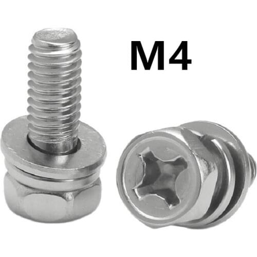 50pcs/lot M4x6/8/10/12/16/18/20/25mm GB9074.13 Stainless steel phillips sems hex bolt with washer three combination screws