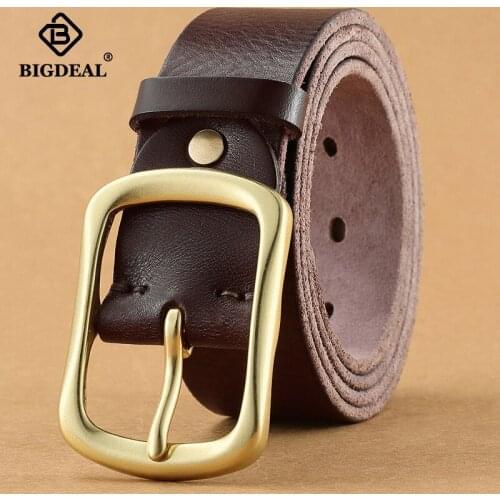 Vintage Cowhide Mens Belt Solid Brass Pin Buckle Natural Leather Non-layered Jeans Belt for Men Classic Quality Belt