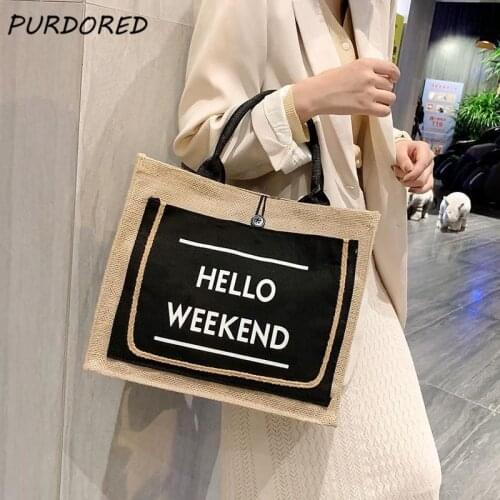 PURDORED 1 Pc Women Large Shopping Bag Fashion Letter Print Tote Bag Jute Handbag Reusable Grocery Storage Bag with Handle
