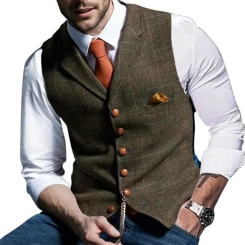 Mens Suit Vest Notched Plaid Wool Herringbone Tweed Waistcoat Casual Formal Business Groomman For Wedding Green/Black/Green/Grey