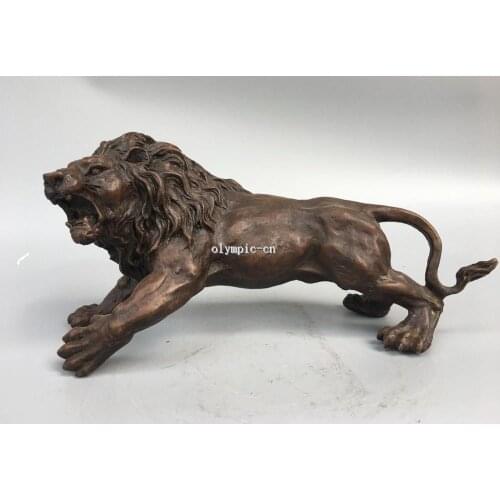 13'' Classica red bronze carved animal ferocious beast male Lion statue