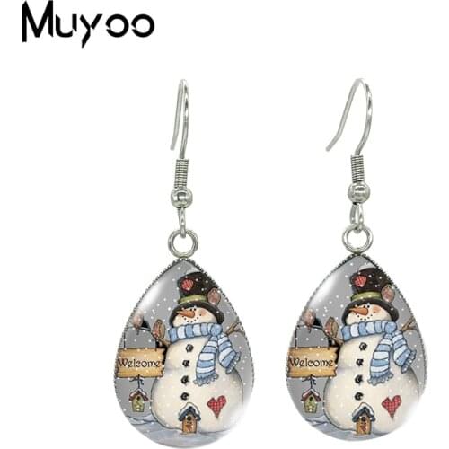 2021 New Snowman Tear drop Earring Merry Christmas Fish hook Earrings Glass Cabochon Jewelry Handmade Items