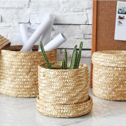 3Pcs Handmade Straw Rattan Woven Storage Basket Toy Snack Sundry Holder with Lid For Breakfast Drink Coffee Tea Home Decoration