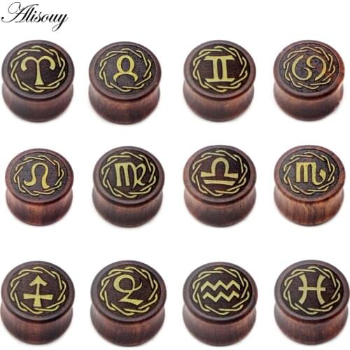 Alisouy 2PC Wood Ear Tunnel Twelve Constellations Plug & Tunnel Jewelry Piercing Expansor Oreja Trendy Ear Guages Expanders