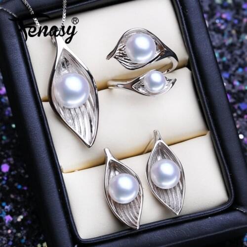 FENASY 925 Sterling Silver Jewelry Sets Natural Freshwater Pearl Earrings Party Pendant Necklaces For Women Adjustable Ring Set