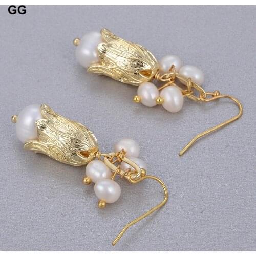 GuaiGuai Jewelry Natural Freshwater White Pearl Gold Color Plated Flower Bud Charms Drop Hook Earrings Luxury For Women
