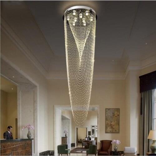 L Villa Duplex Staircase LED Crystal Long Chandelier Living Room Bead Curtain Hanging Light Modern Hotel Engineering Light