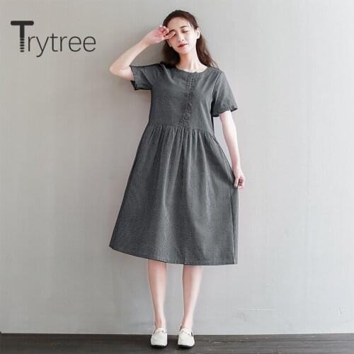 Trytree 2020 Summer Women Casual Dress O-neck Button Plaid 2 Color Ruffles Pockets Dress Fashion Elegant Loose Knee-Length Dress