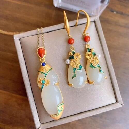 New silver national style inlaid with natural Hotan jade Turquoise Water Drop Earrings Necklace Antique luxury womens jewelry