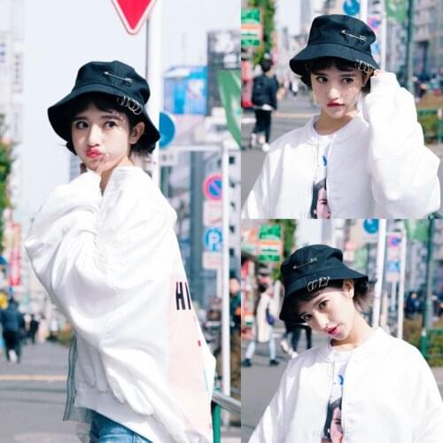 Unisex Harajuku Punk Cotton Personality Bucket Hat Metal Pin O-Ring Solid Color Wide Brim Foldable Hip Hop Fisherman Cap