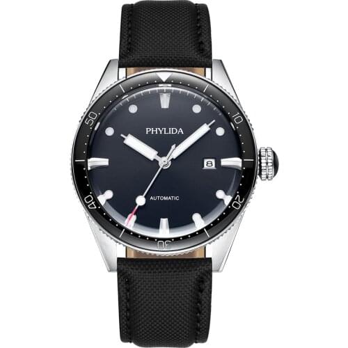 Phylida 50bar Luxury Male Black Automatic Orologio Uomo Wristwatch Mechanical Diver Watches 43.8mm Sport Business Canvas Strap