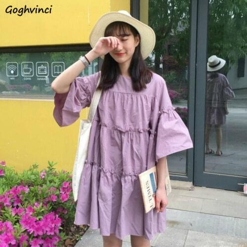 Dress Women Purple A-line Solid Knee-length Loose Large Size 2XL All-match Casual Trendy Students Korean Style Basic Holiday New