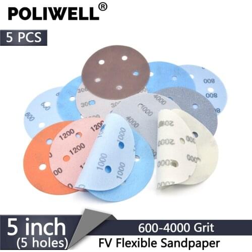 POLIWELL 125 mm 5-Holes FV Film Superfine Sanding Discs 600~4000 Grit Flexible Sandpaper for Wet/Dry Car Polishing Wood Paint