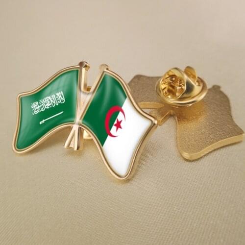 Saudi Arabia and Algeria Crossed Double Friendship Flags Lapel Pins Brooch Badges