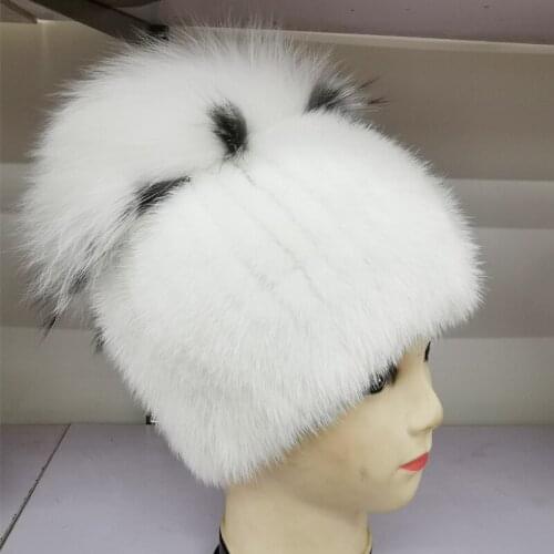High quality Mink Fur hat for women natural Mink Fur Hats with Luxury Big Pompom Fox Fur Ball Beanies winter womens cap lady