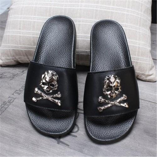 Womens Summer Couple Slippers Indoor Home Shoes Ladies/Mens Beach Flip Flops Fashion Black Skull Slides Female Sandals Big EU45