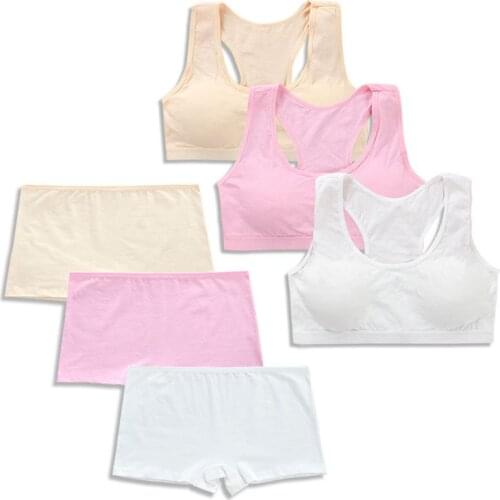 Teens Girls Sports Bra Set Puberty Underwear Cotton Training Bra with Briefs