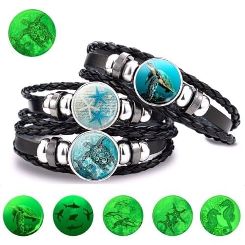 Luminous Marine Animal Bracelet Sea Turtle Dolphin Starfish Black Leather Bracelet Marine Life Glow Bracelet Fashion Jewelry