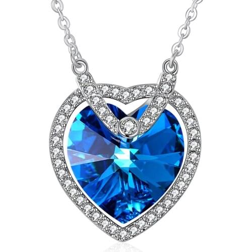 ZEMIOR Cute Heart Pendant Necklaces Sterling Silver 925 Jewelry Blue Austria Crystal Necklace Women Engagement Gift Hot Sale