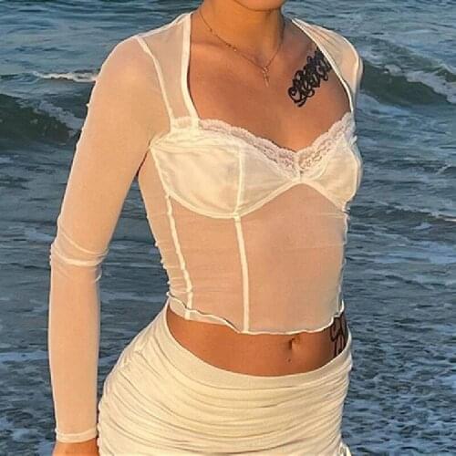 Female Sexy Sheer Mesh T-Shirt Long Sleeve Solid Color Square Neck Lace Trim See-Through Slim Fit Ruffle Hem Crop Tops