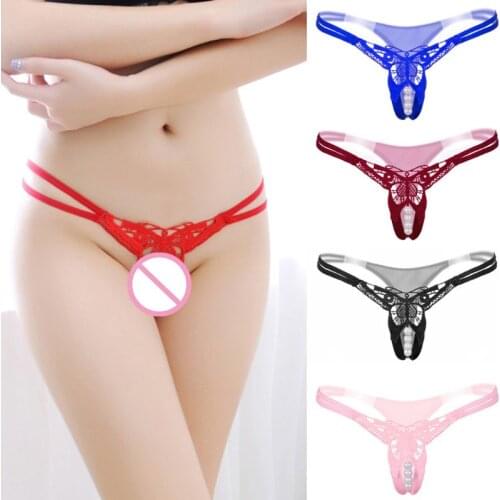 Womens Erotic Open Crotch Panties Hollow Embroidery Lace Lingerie G-String Massage Imitation Pearls Chain Low Rise Thong
