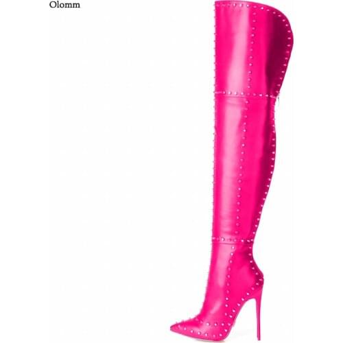 Olomm Studded Women Winter Over The Knee Boots Stiletto High Heels Pointed Toe Gorgeous 10 Colors Club Shoes Plus US Size 5-15